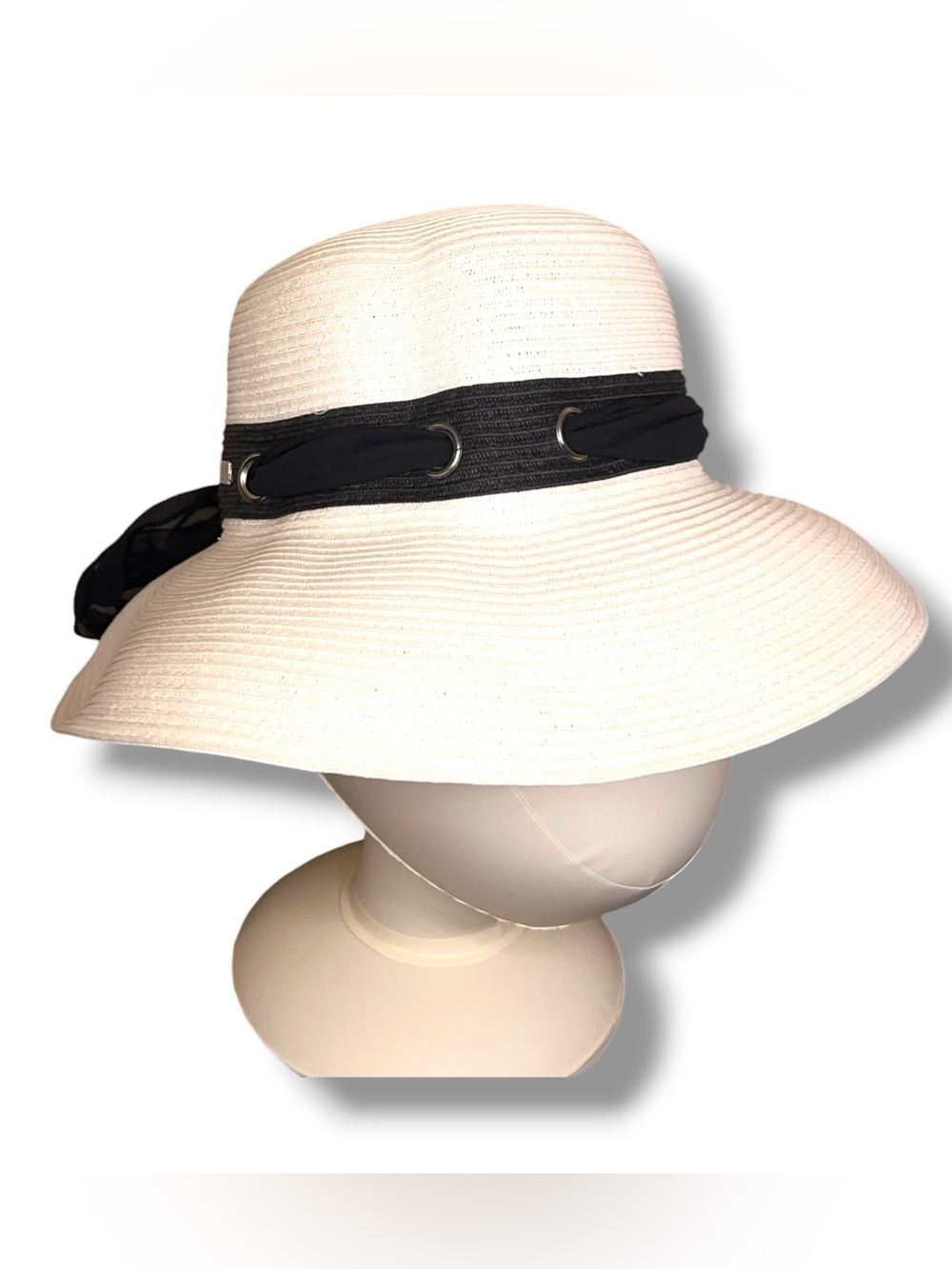 HBY Miami Ivory White Black Woven Strap Hat With Scarf Accent Quiet Luxury